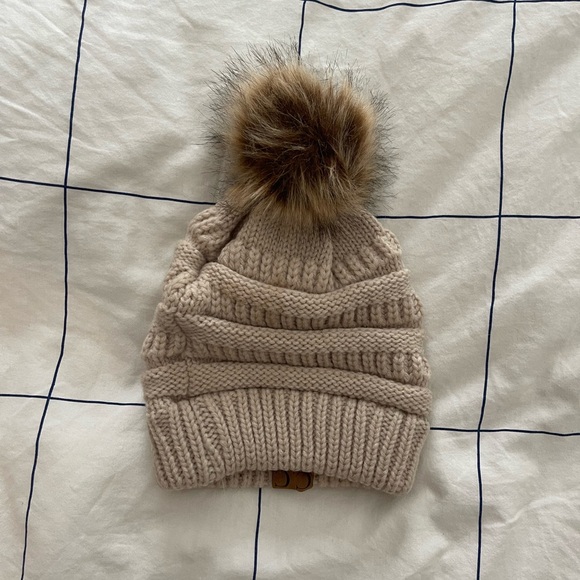 Cozy Knit Pom-Pom Beanie - Tan - Picture 2 of 2